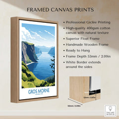 Framed Gros Morne National Park travel poster on canvas with wooden float frame details.