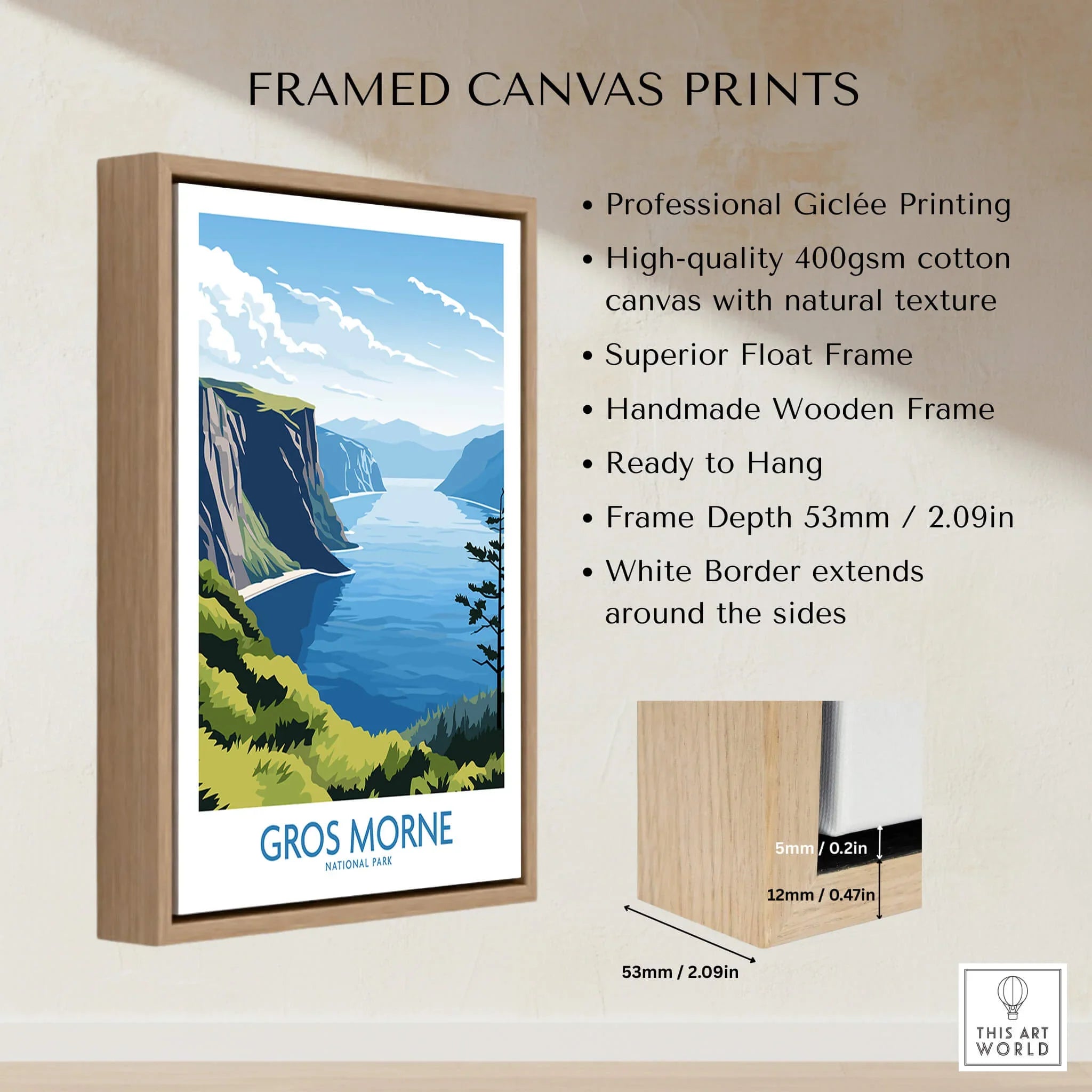 Framed Gros Morne National Park travel poster on canvas with wooden float frame details.