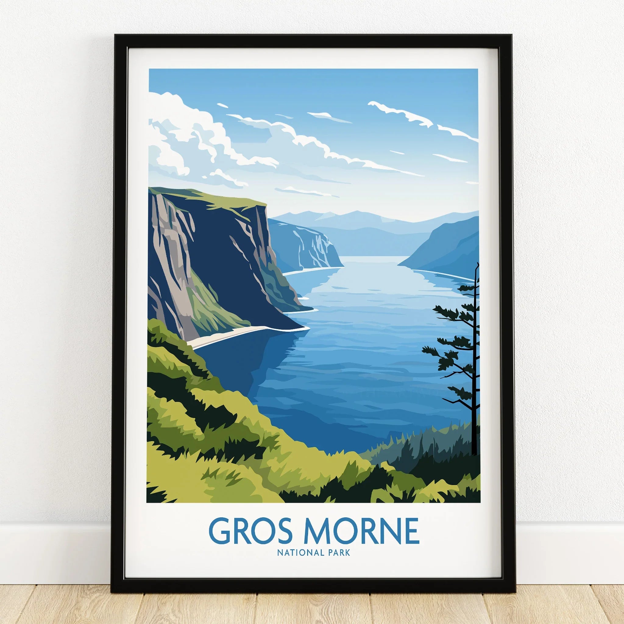 Gros Morne National Park art print in black frame on wooden floor, scenic landscape wall art