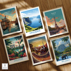 Set of six framed travel posters featuring Venice, Paris, Barcelona, Singapore, Sri Lanka, and Gros Morne National Park, displayed on a wooden floor.