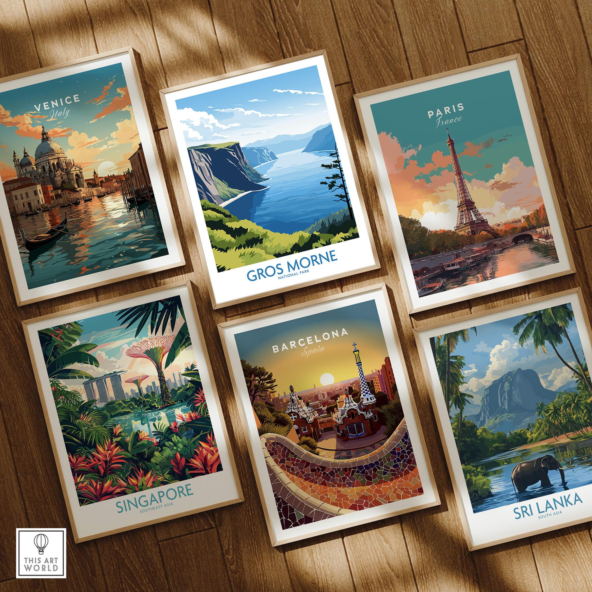 Set of six framed travel posters featuring Venice, Paris, Barcelona, Singapore, Sri Lanka, and Gros Morne National Park, displayed on a wooden floor.