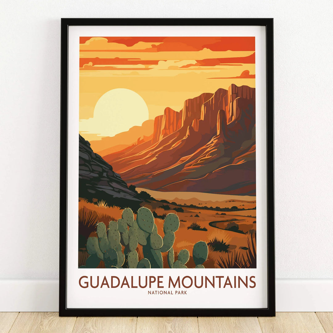 Guadalupe Mountains National Park art print in black frame on wooden floor, sunset landscape.