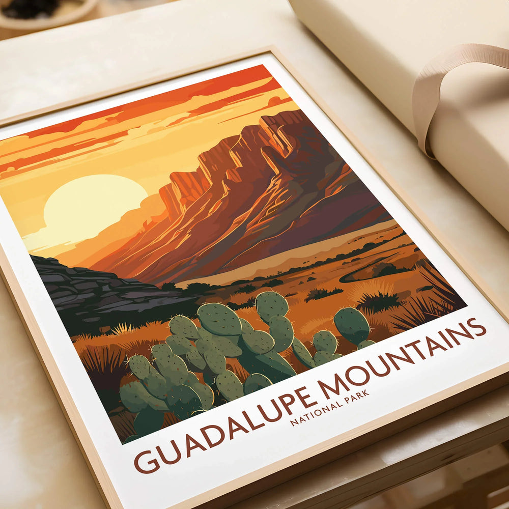 Guadalupe Mountains National Park art print with sunset desert landscape in natural wood frame.