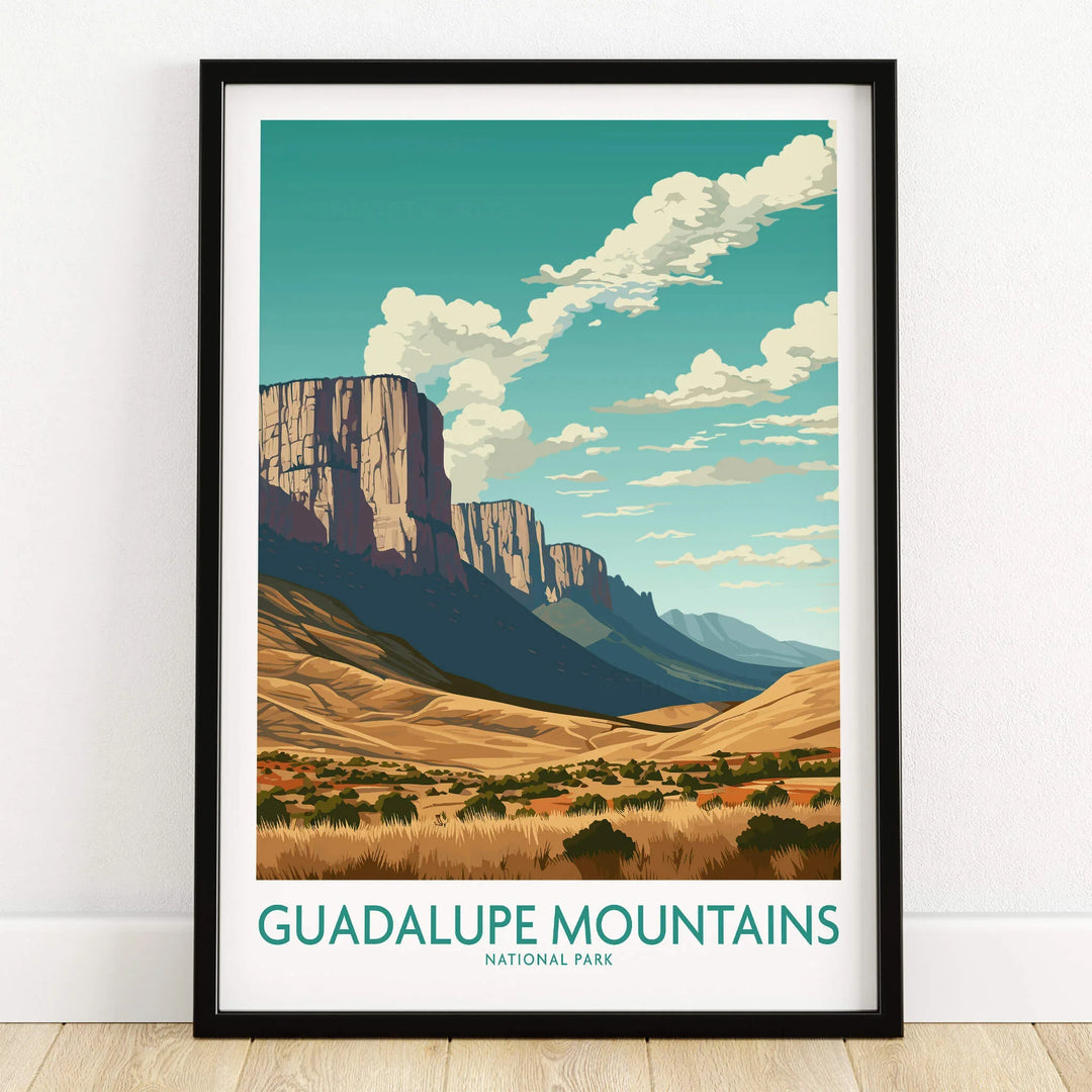 Guadalupe Mountains National Park art print in black frame on wooden floor, landscape poster