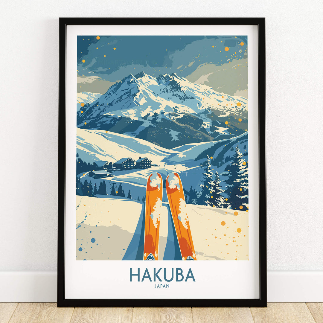 Hakuba Ski Print - Japan featuring stunning mountain scenery and ski equipment in a framed print.