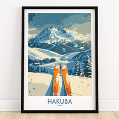 Hakuba Ski Print - Japan featuring stunning mountain scenery and ski equipment in a framed print.