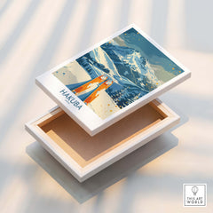 Hakuba Ski Print - Japan artwork displayed on a wooden box, showcasing stunning mountain scenery and skiing elements.