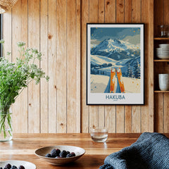 Hakuba Ski Print -  Japan framed on a wooden wall in a cozy interior, showcasing stunning mountain scenery.
