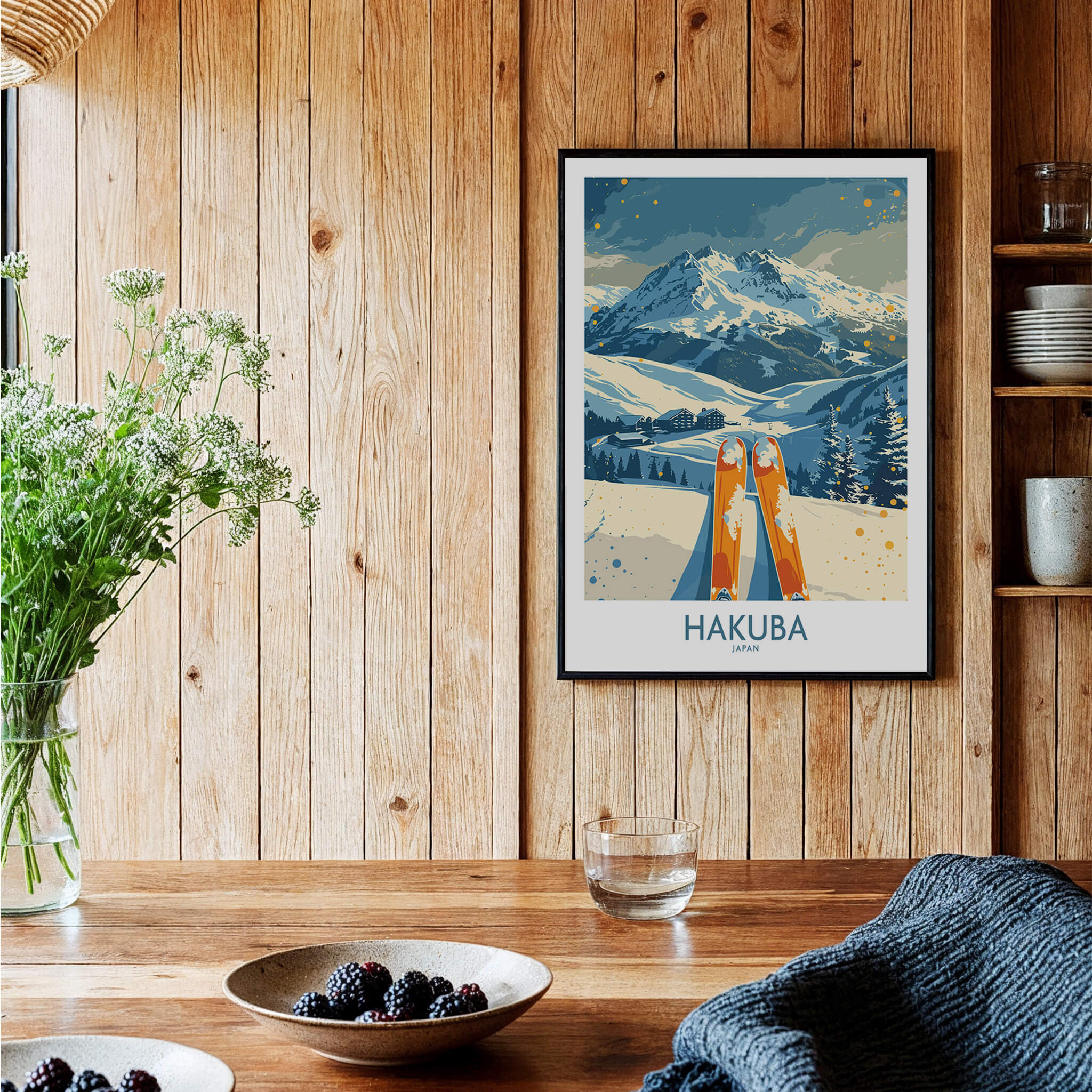 Hakuba Ski Print -  Japan framed on a wooden wall in a cozy interior, showcasing stunning mountain scenery.