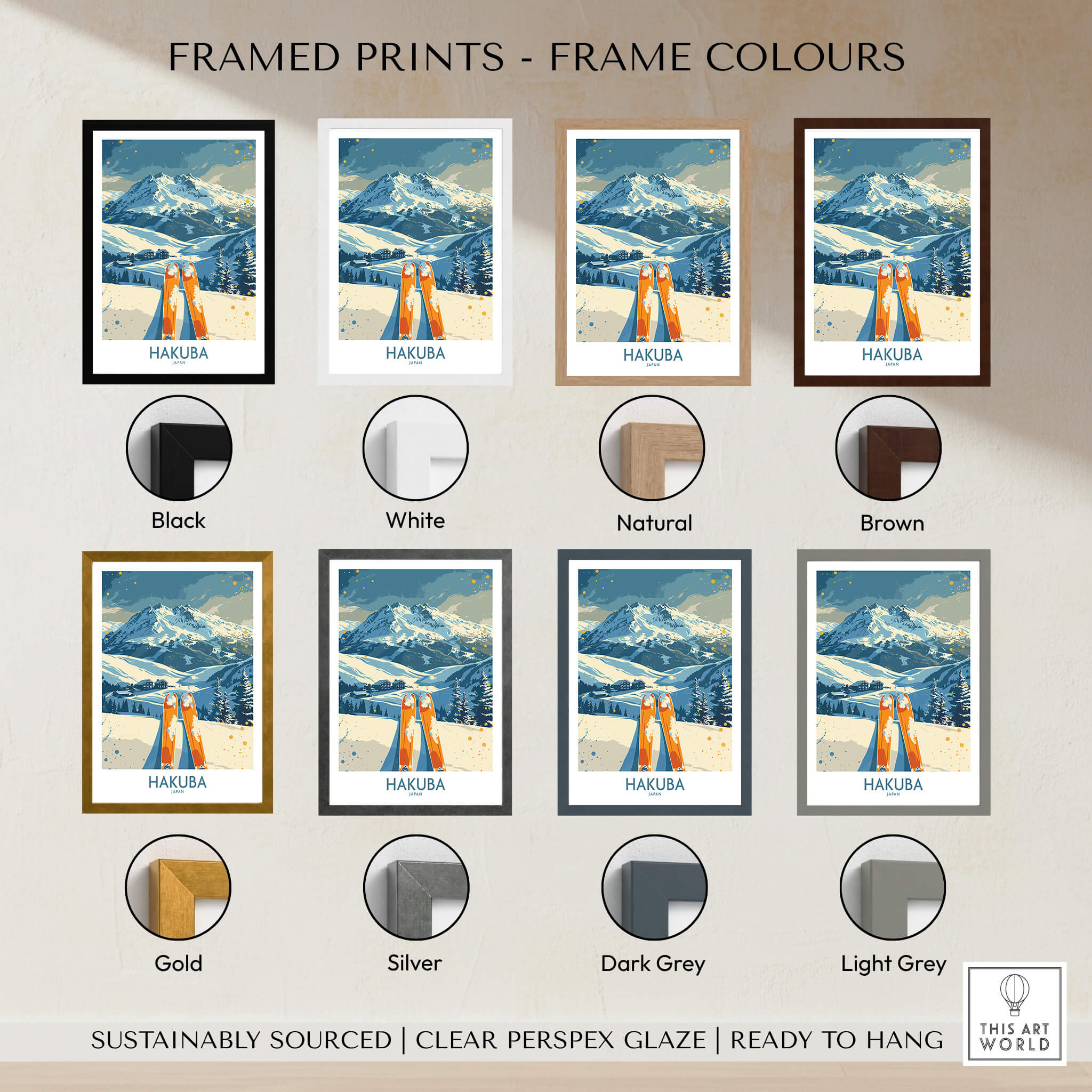 Framed prints showcasing various frame colors for Hakuba Ski Print - Japan, including black, white, natural, brown, and more.