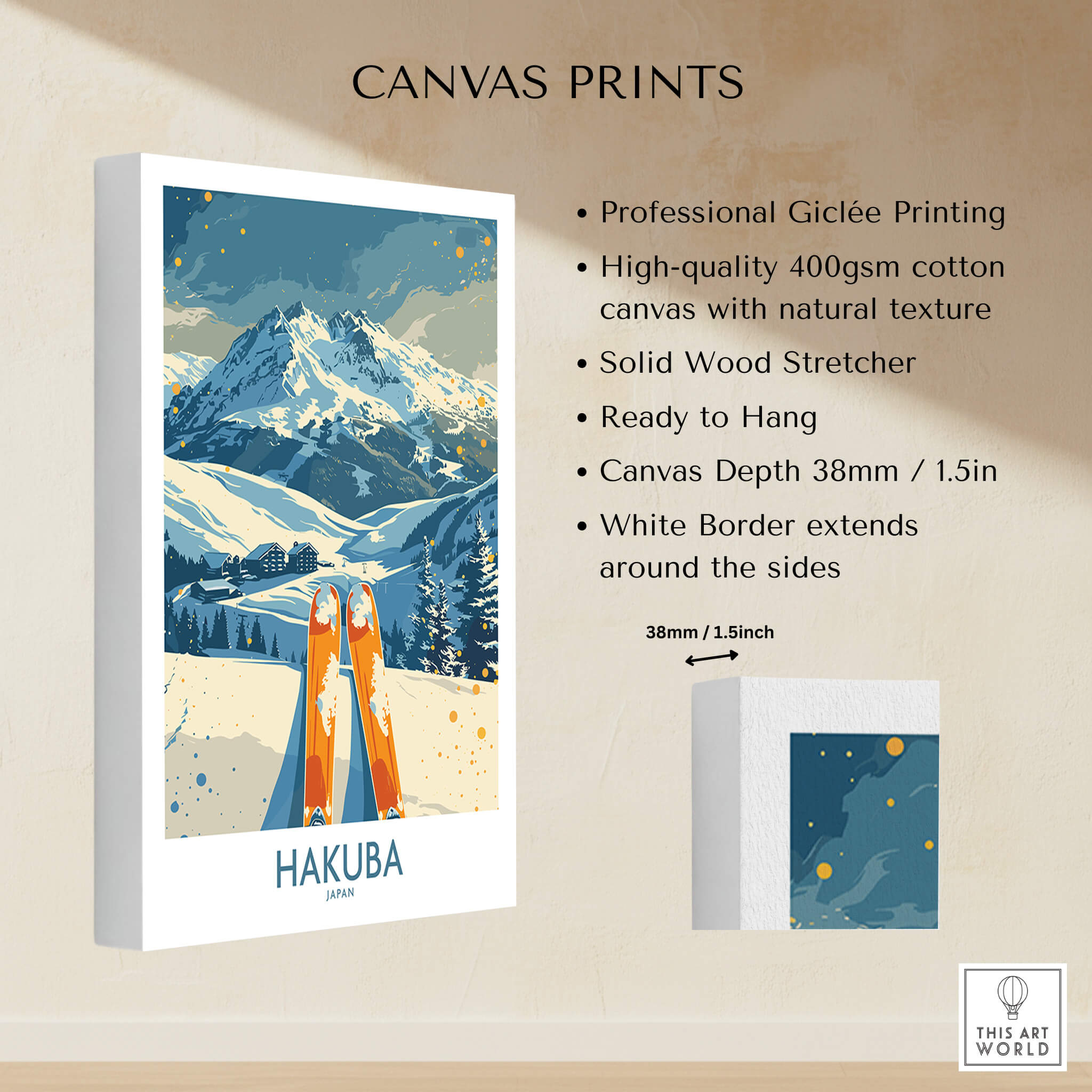 Hakuba Ski Print - Japan on high-quality canvas with stunning mountain scenery and vibrant colors, perfect for home decor.