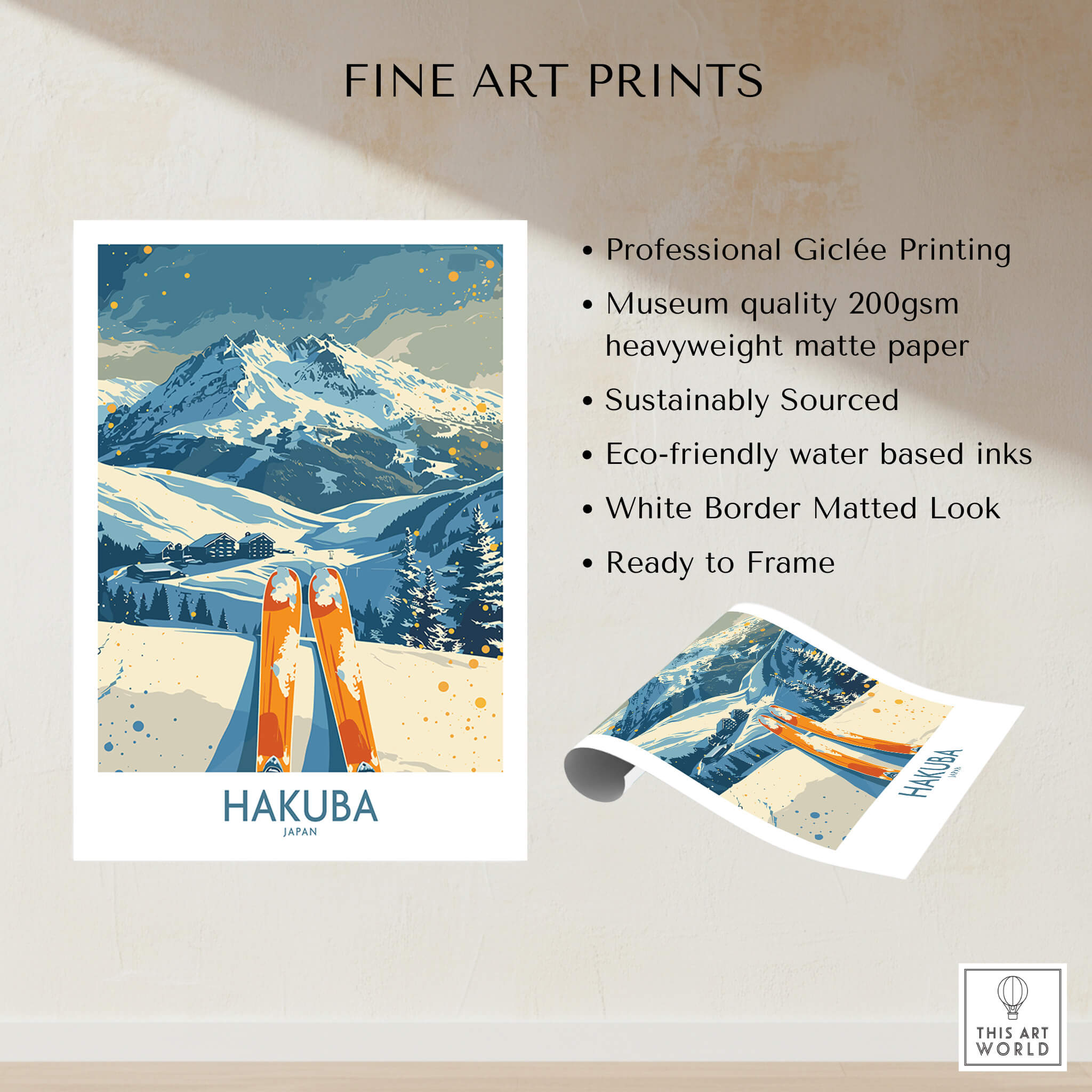 Hakuba Ski Print - Japan featuring beautiful mountain landscapes and skiing design on heavy matte paper.