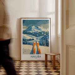 Hakuba Ski Print - Japan featuring a stunning mountain landscape and skis in a stylish interior setting.