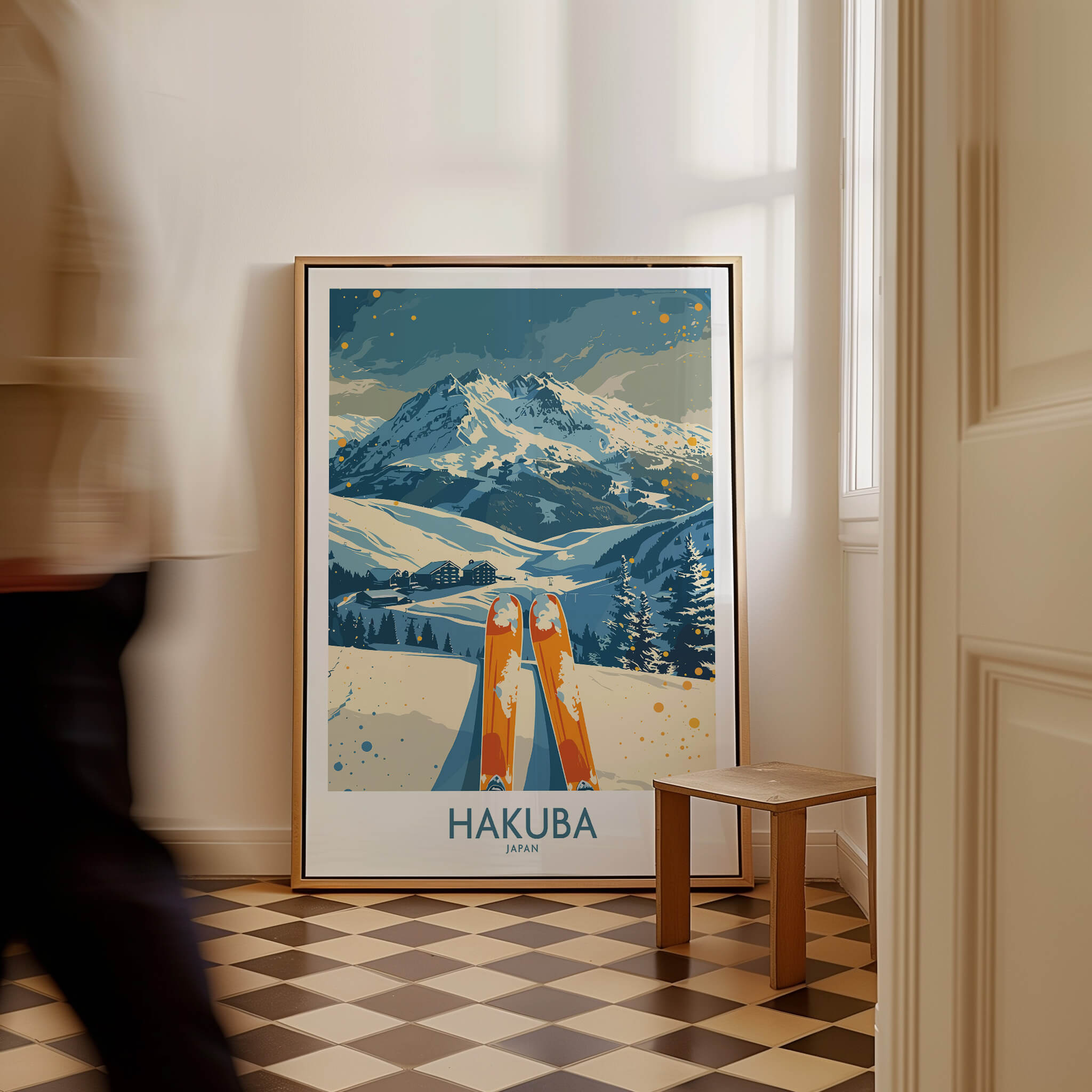 Hakuba Ski Print - Japan featuring a stunning mountain landscape and skis in a stylish interior setting.
