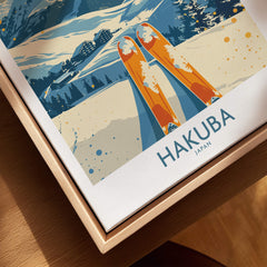 Hakuba Ski Print - Japan featuring orange skis on a snowy landscape with mountains, perfect for winter sports enthusiasts.