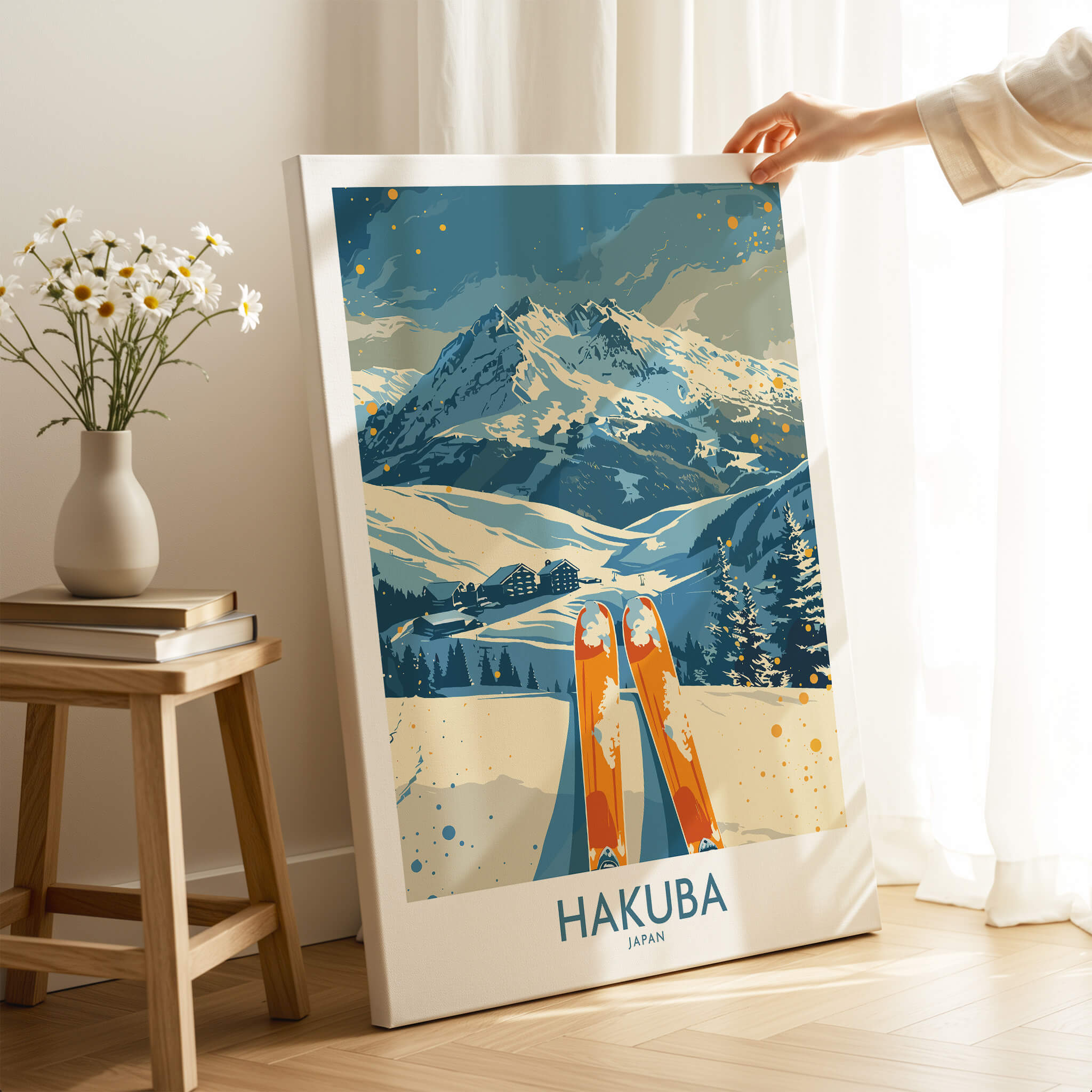 Hakuba Ski Print - Japan stunning mountain landscape with skis in front, perfect for winter sports enthusiasts.