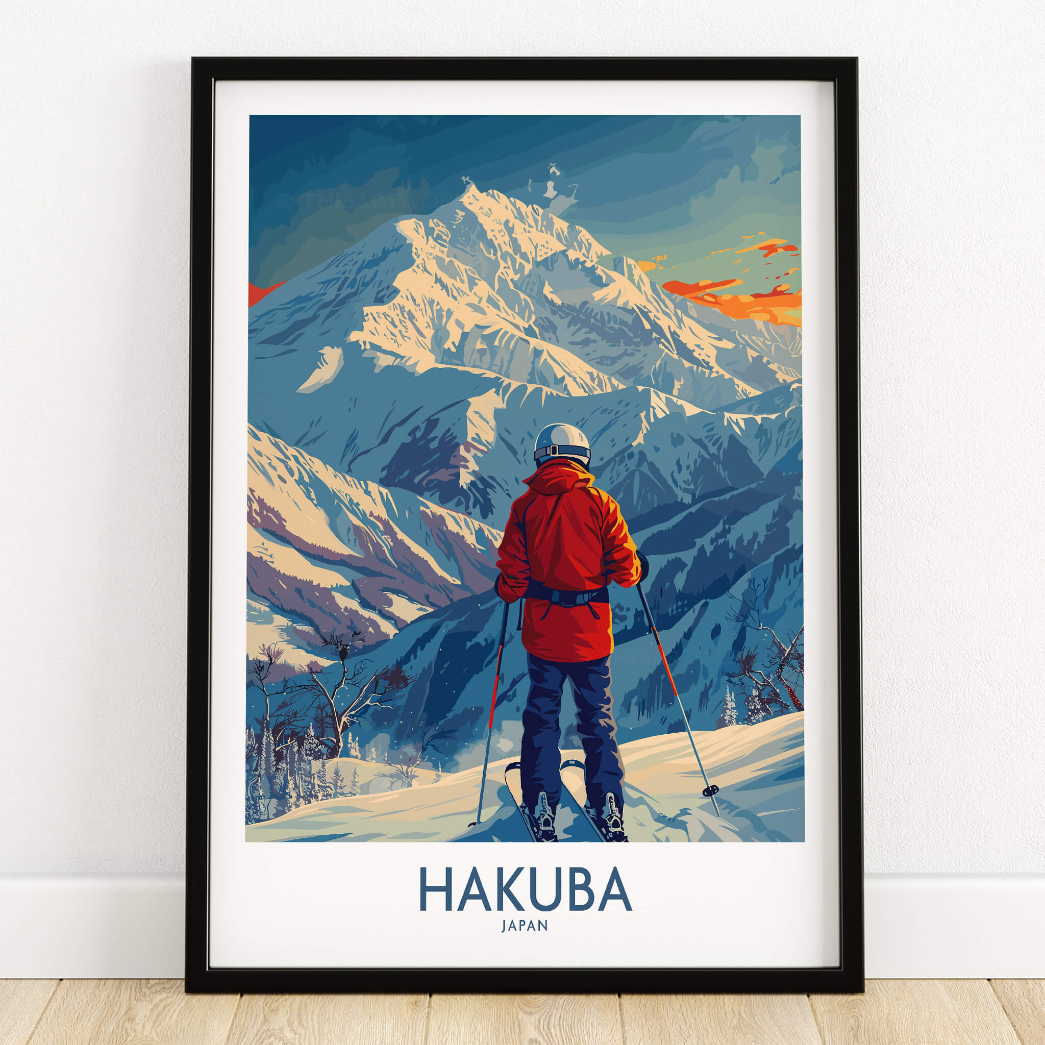 Hakuba Wall Art Print Japan featuring a skier overlooking majestic mountains in vibrant colors.