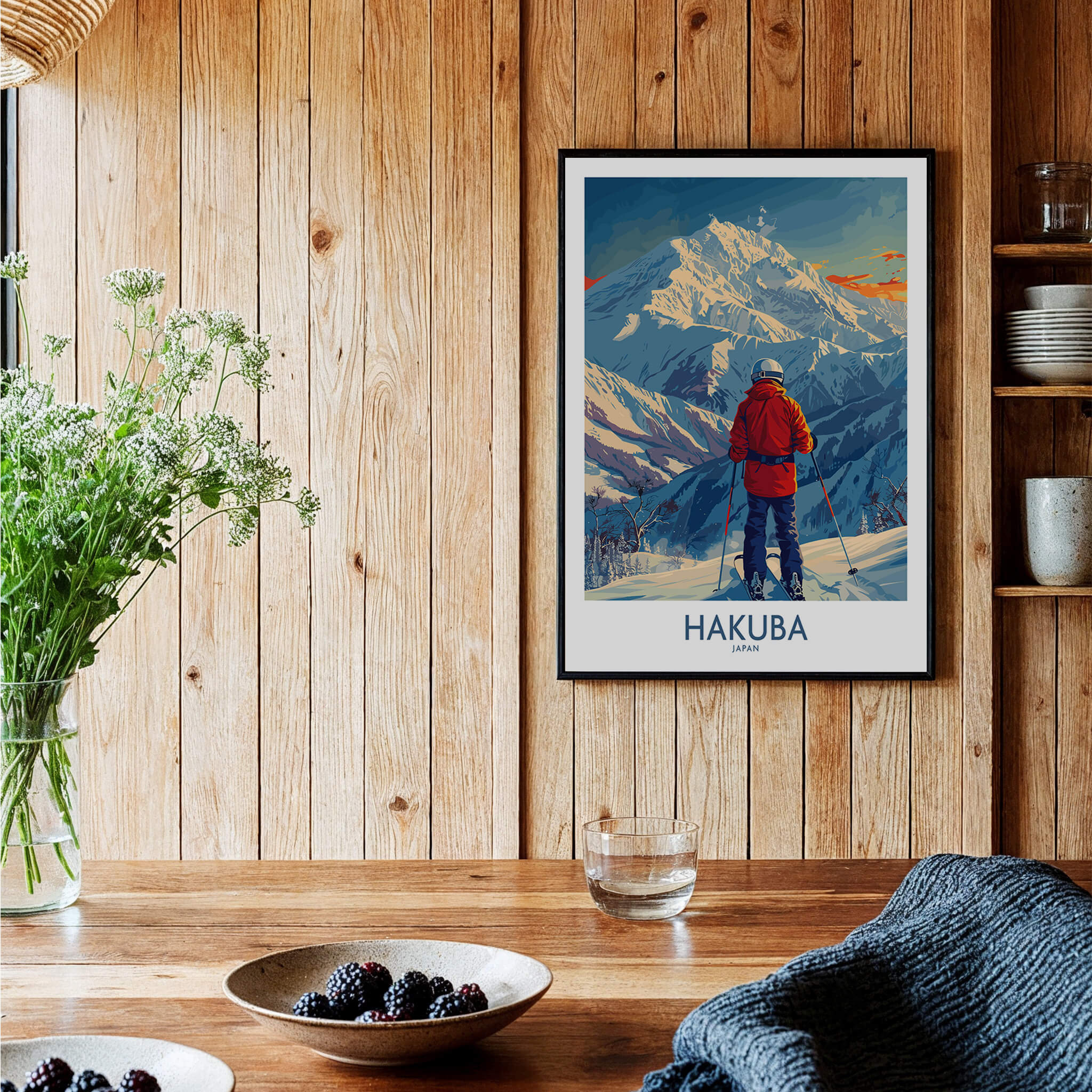 Hakuba Wall Art Print Japan showcasing a skier against stunning mountain scenery in a cozy home setting.