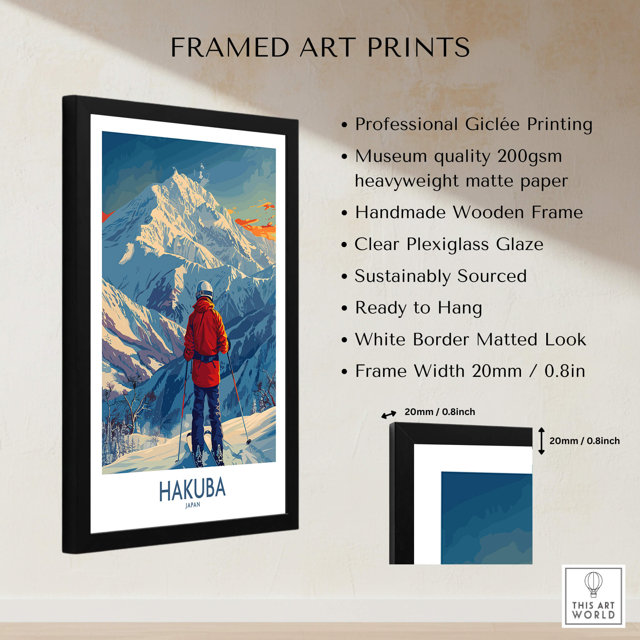 Hakuba Wall Art Print Japan featuring a framed art print with mountains and skier, perfect for home decor.