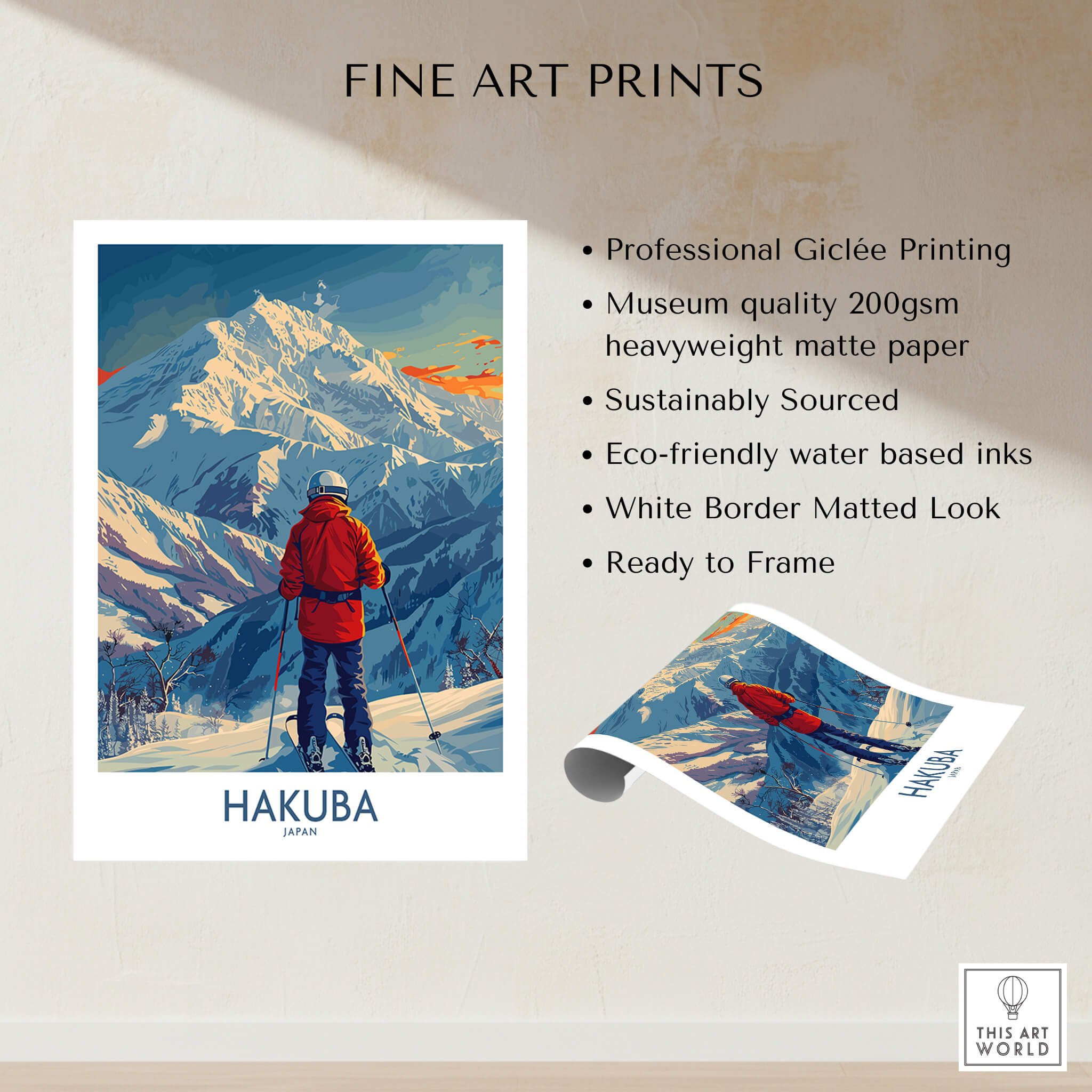 Hakuba Wall Art Print Japan featuring a skier in majestic mountains with vibrant colors and professional Giclée printing.