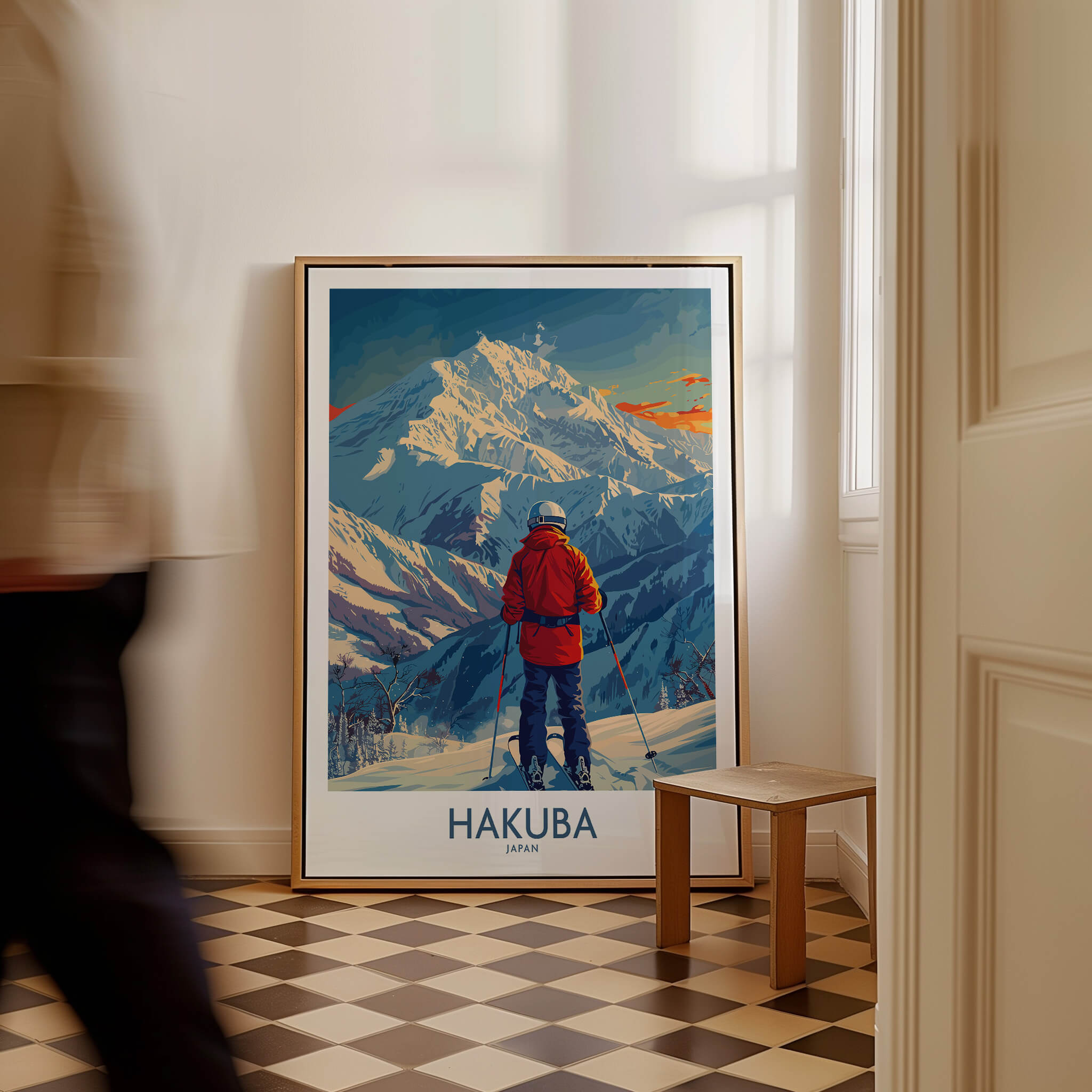 Hakuba Wall Art Print Japan featuring a skier in front of majestic mountain landscapes, adding beauty to any room.