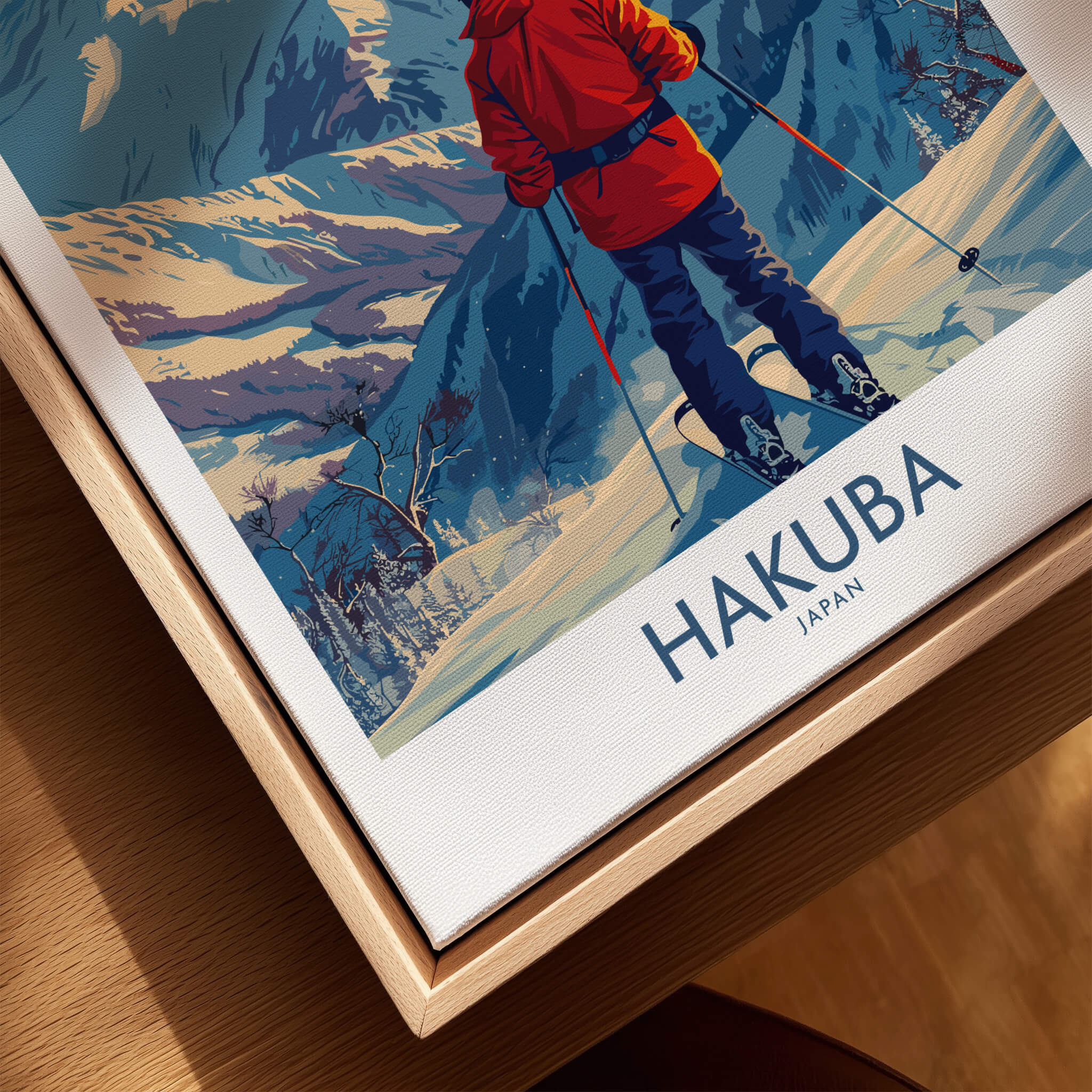 Hakuba Wall Art Print Japan featuring a skier in vibrant colors against a snowy mountain backdrop.