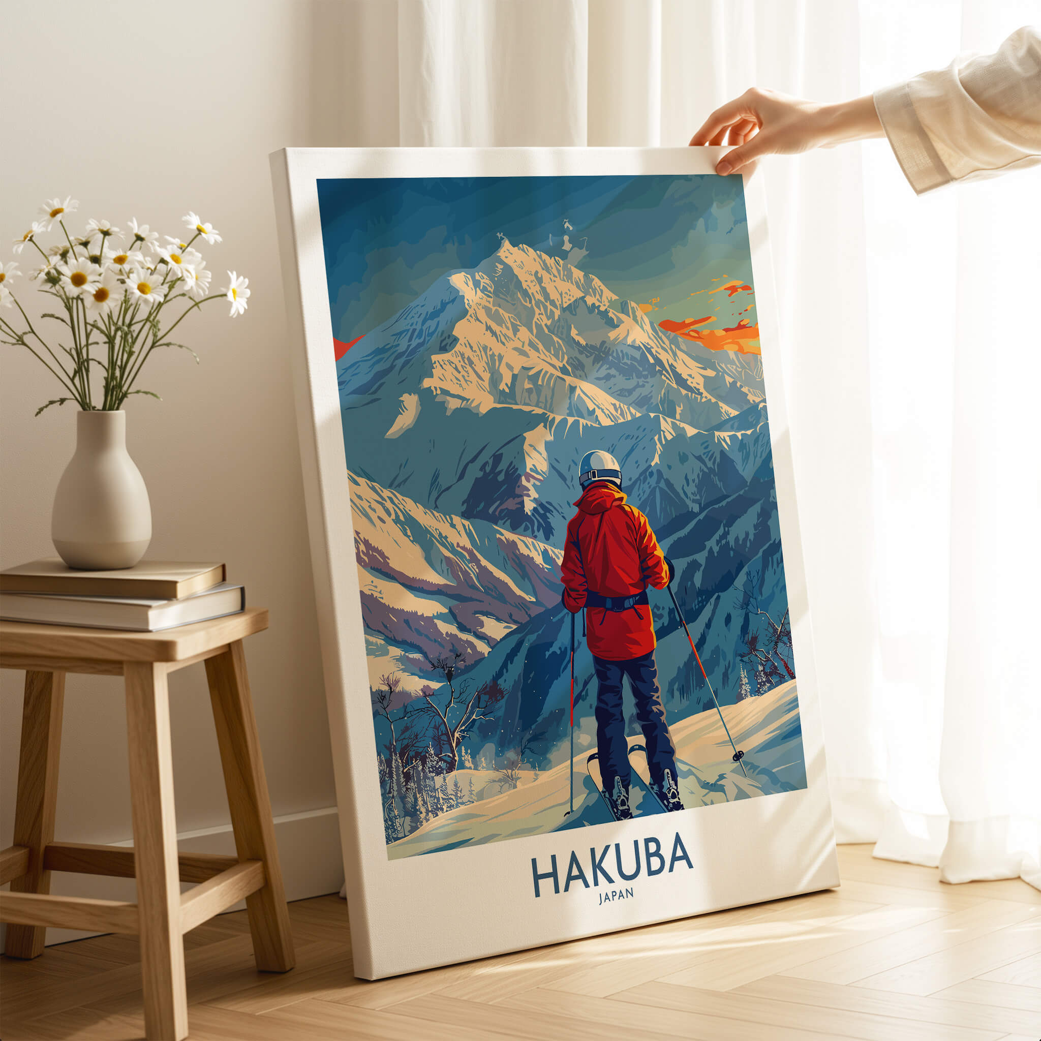Hakuba Wall Art Print Japan showcasing a skier in stunning landscape, capturing the essence of Japan's mountains.