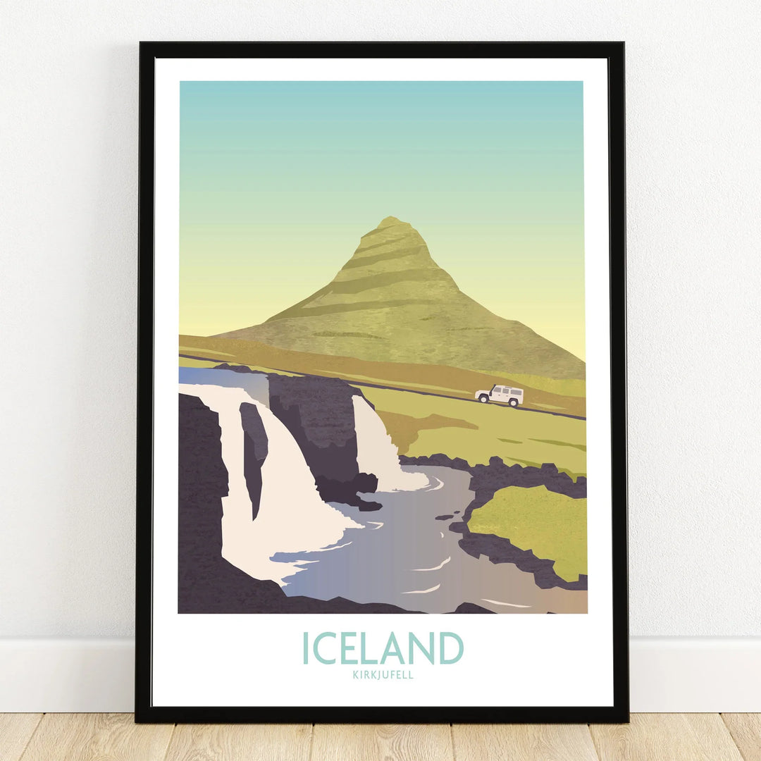 Iceland Kirkjufell travel poster with waterfall, mountain, and car, ideal wall art for home decor.