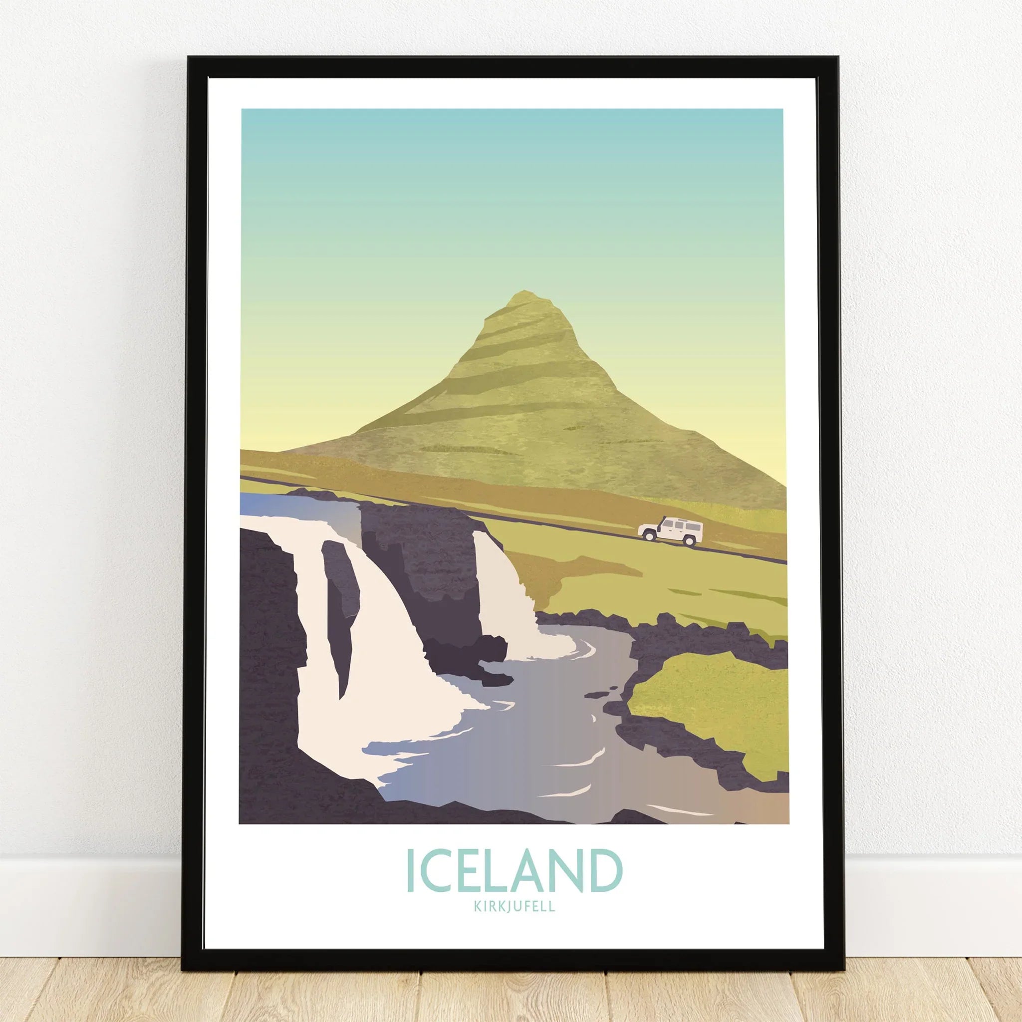 Iceland Kirkjufell travel poster with waterfall, mountain, and car, ideal wall art for home decor.