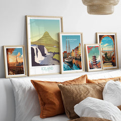 Framed travel posters of Paris, Iceland, Copenhagen, Tokyo, Barcelona for home wall art decor