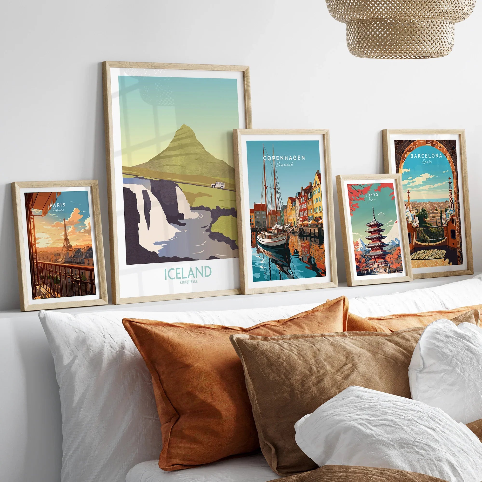 Framed travel posters of Paris, Iceland, Copenhagen, Tokyo, Barcelona for home wall art decor