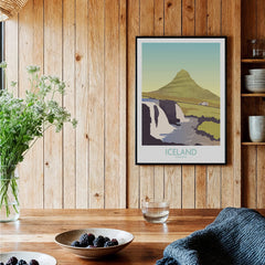 Iceland Kirkjufell travel poster with mountain, waterfall, and car, perfect for home wall art decor.