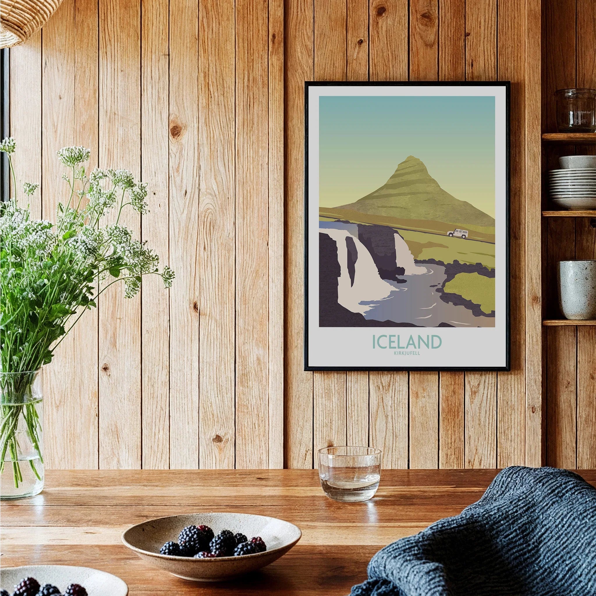 Iceland Kirkjufell travel poster with mountain, waterfall, and car, perfect for home wall art decor.
