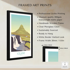 Framed Iceland travel poster art print featuring Kirkjufell mountain and waterfall, ideal for home wall decor.