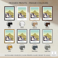 Iceland travel poster in 8 frame colors: black, white, natural, brown, gold, silver, dark grey, light grey