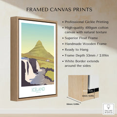 Iceland Kirkjufell travel poster print in wooden frame, featuring mountain and waterfall scenery for wall art decor