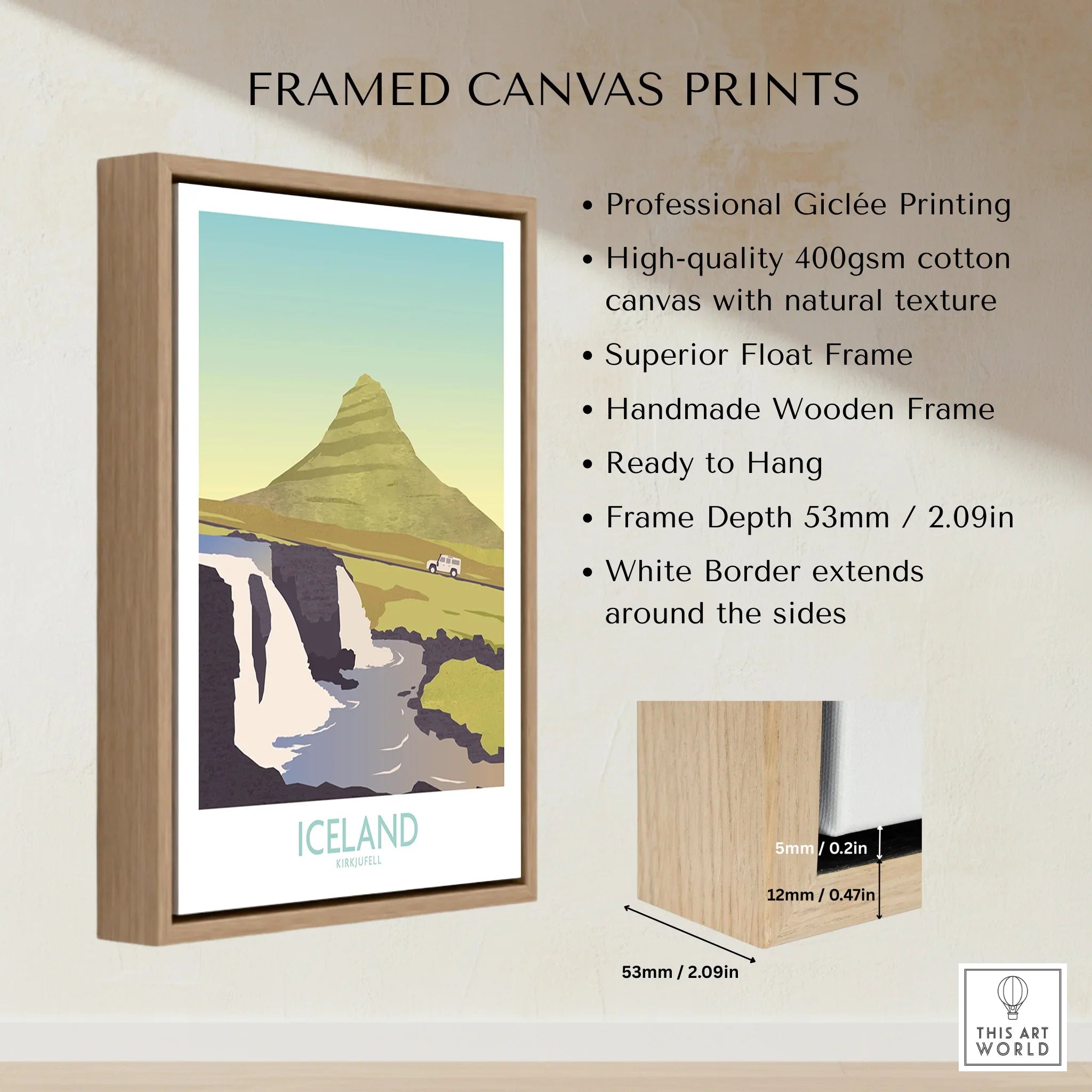 Iceland Kirkjufell travel poster print in wooden frame, featuring mountain and waterfall scenery for wall art decor