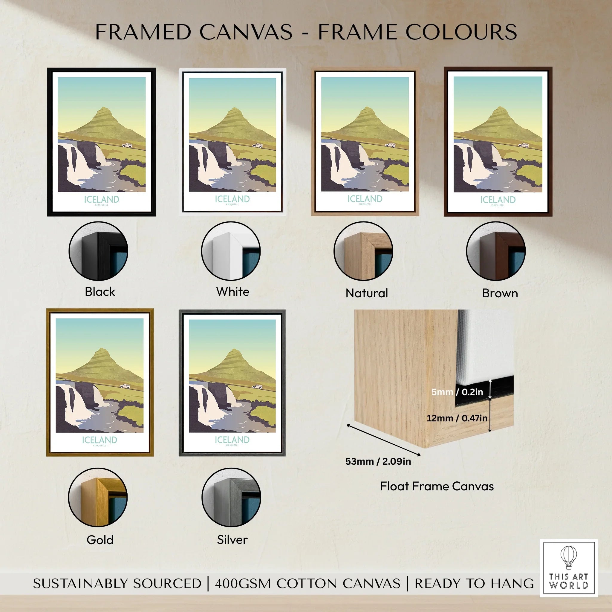 Iceland travel poster in framed canvas with black, white, natural, brown, gold, silver frame options