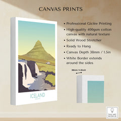 Iceland Kirkjufell travel poster canvas print with waterfall and mountain, ready to hang wall art