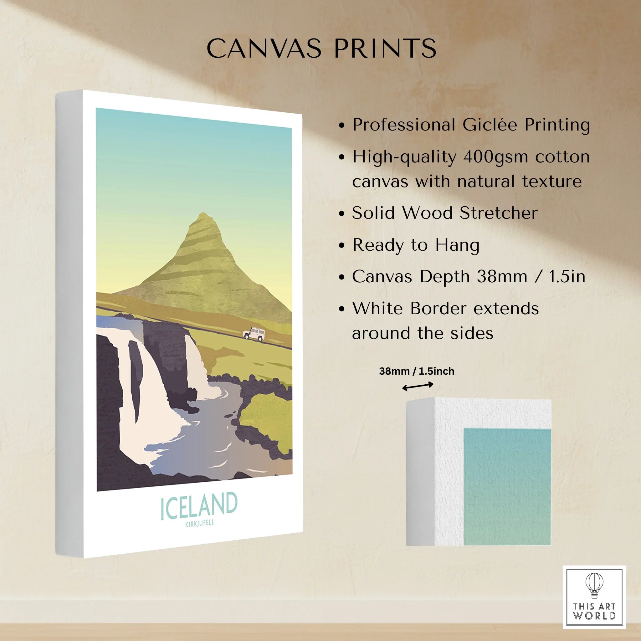 Iceland Kirkjufell travel poster canvas print with waterfall and mountain, ready to hang wall art
