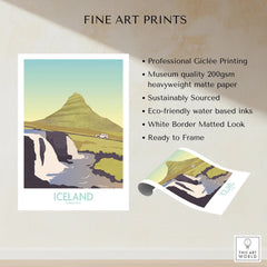 Iceland Kirkjufell travel poster art print with waterfall and mountain, ready to frame wall decor
