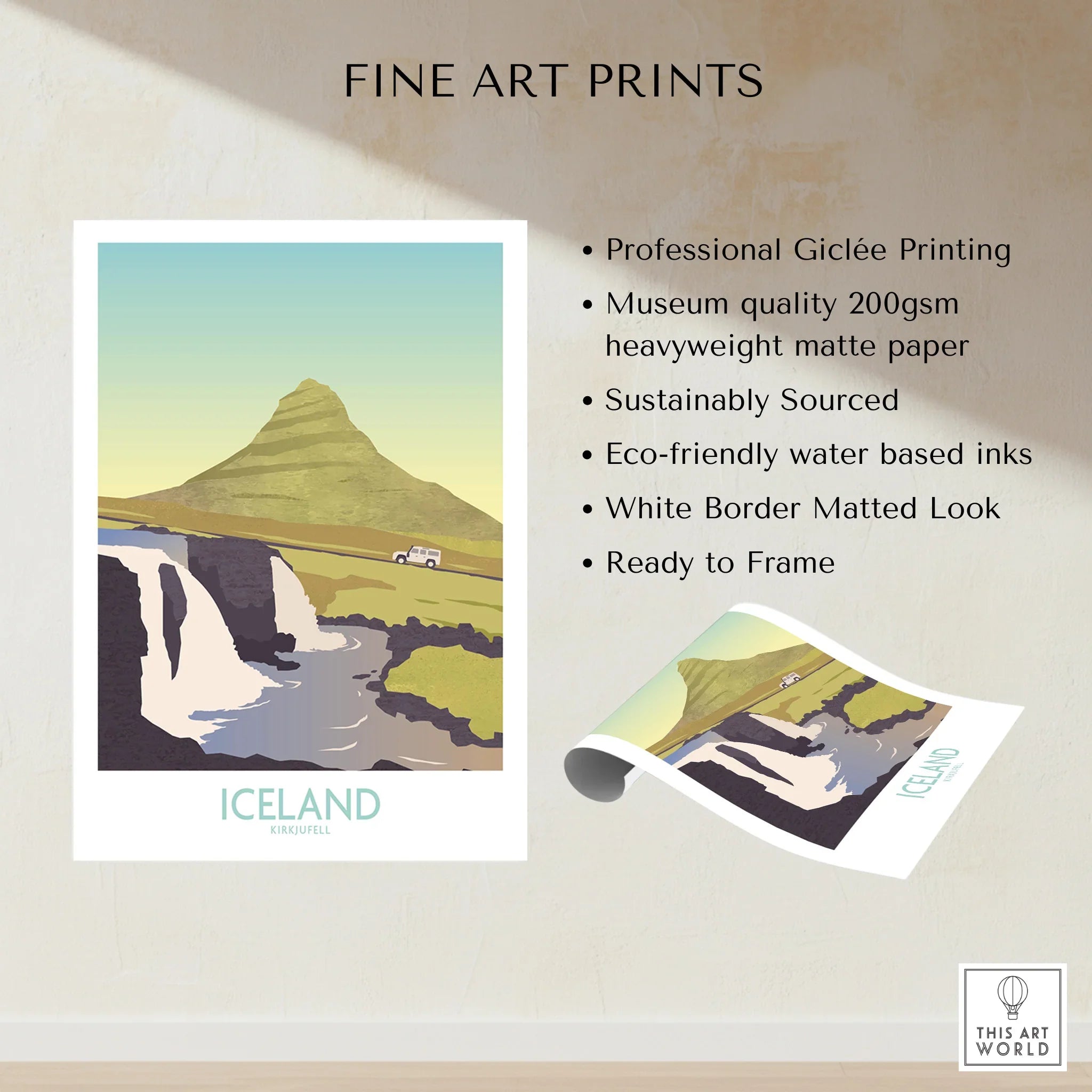 Iceland Kirkjufell travel poster art print with waterfall and mountain, ready to frame wall decor