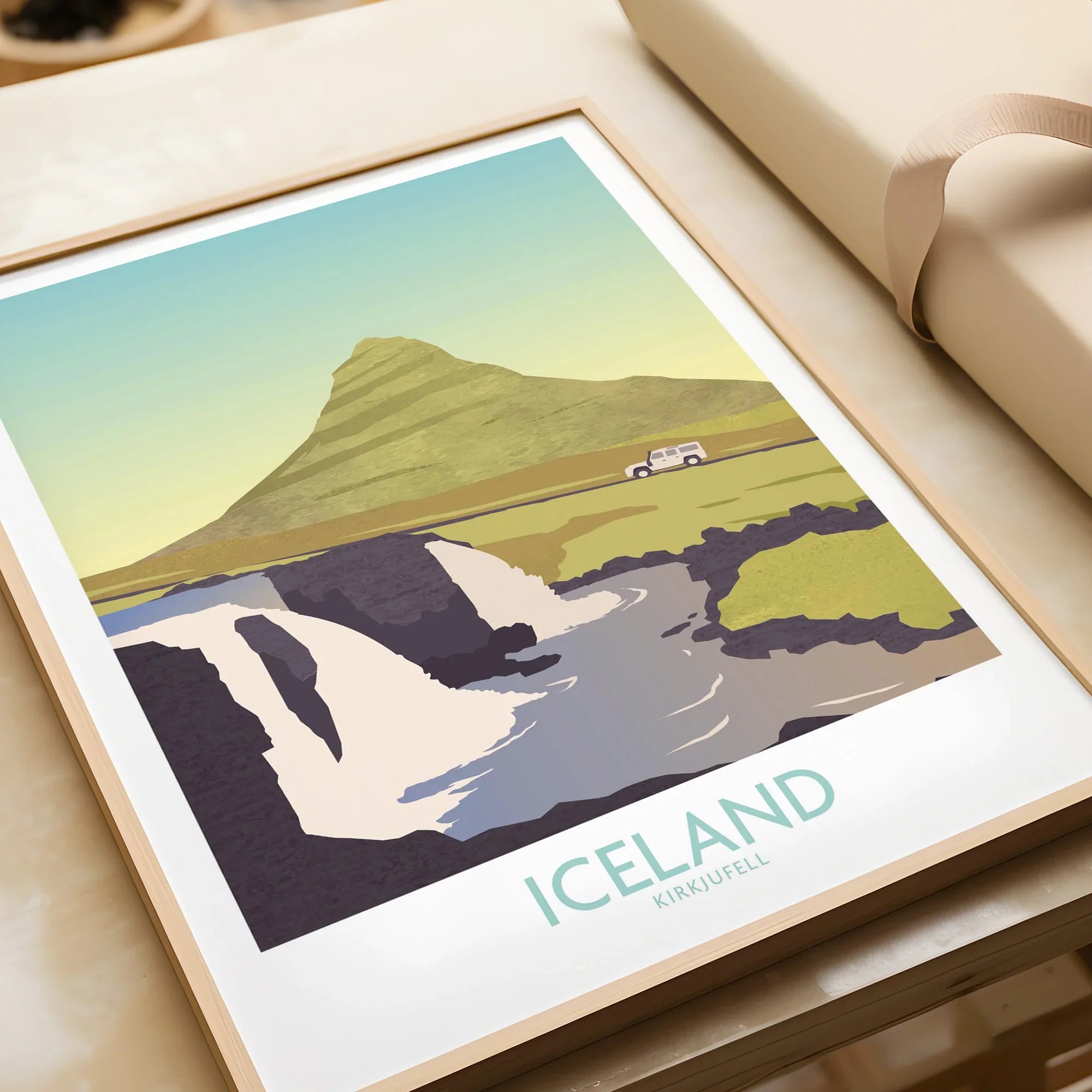 Iceland Kirkjufell travel poster with mountain, waterfall, and car, framed wall art for home decor