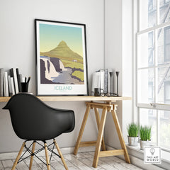 Iceland Kirkjufell travel poster print with waterfall and mountain, modern home office wall art decor