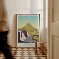 Iceland Kirkjufell travel poster with mountain, waterfall, and car, framed wall art for home decor