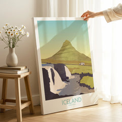 Iceland Kirkjufell travel poster wall art with mountain and waterfall, perfect for home decor