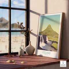 Iceland Kirkjufell travel poster print with mountain, waterfall, and car, perfect for home wall art decor