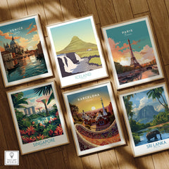 Framed travel posters of Venice, Paris, Iceland, Singapore, Barcelona, and Sri Lanka for wall art decor