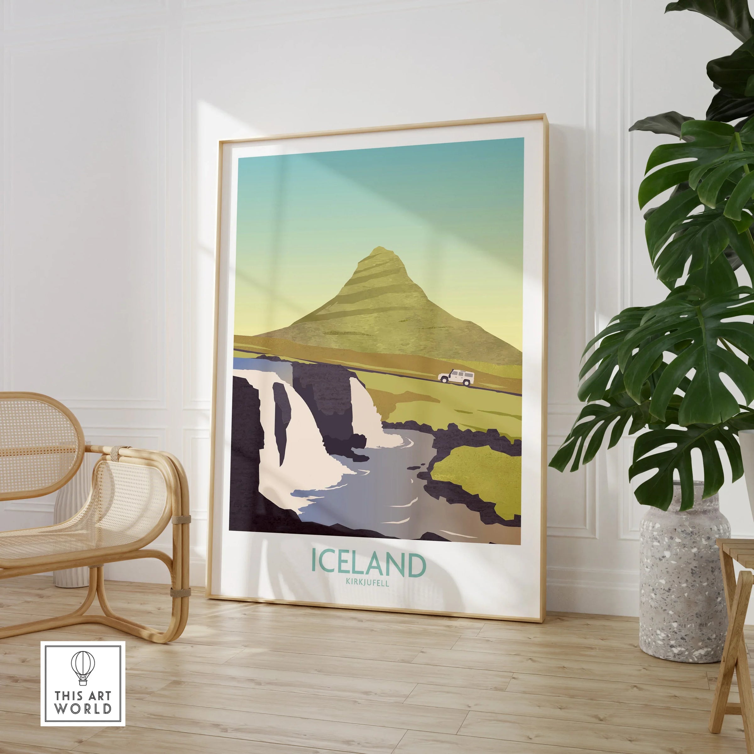 Iceland Kirkjufell travel poster with mountain, waterfall, and car, framed wall art for home decor