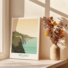 Ireland Print Travel Poster featuring the Cliffs of Moher with coastal scenery and sunlight.